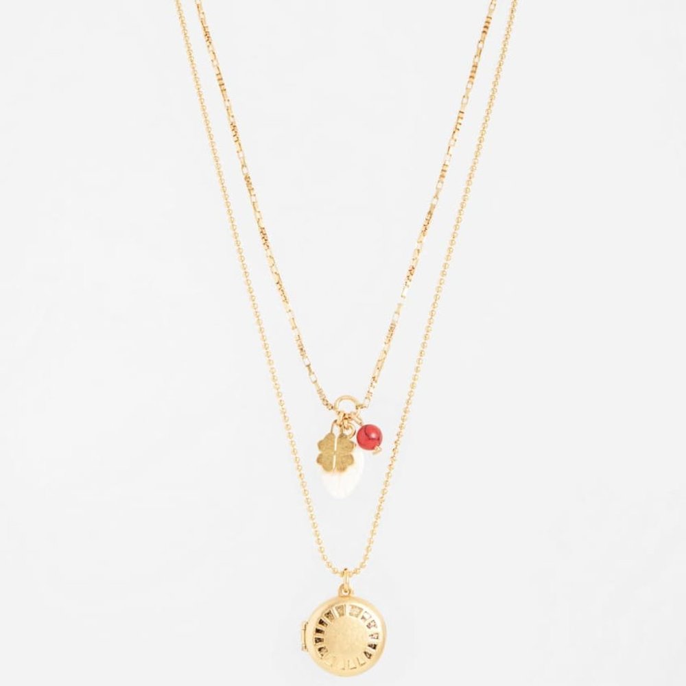 Madewell Gold Engraved Locket Necklace Set Double Strand Layers Pendant Charms